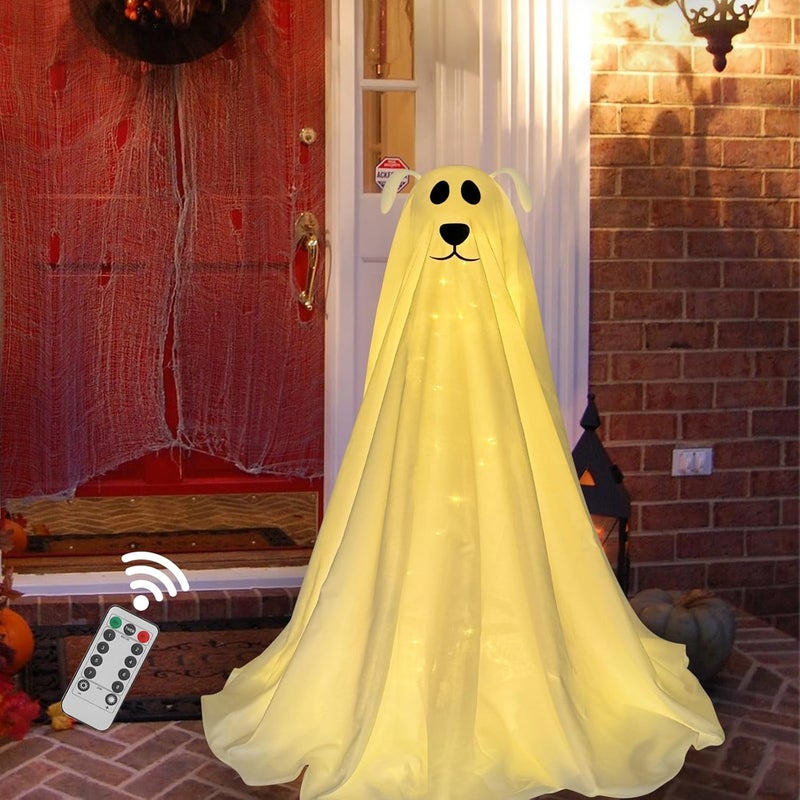 DAZONGE Halloween Decorations, Light-Up Freestanding Spooky Ghost Dog with Remote String Lights Battery Operated, Halloween Ghost Dog for Front Door Porch Yard Lawn Home Party - Image 2